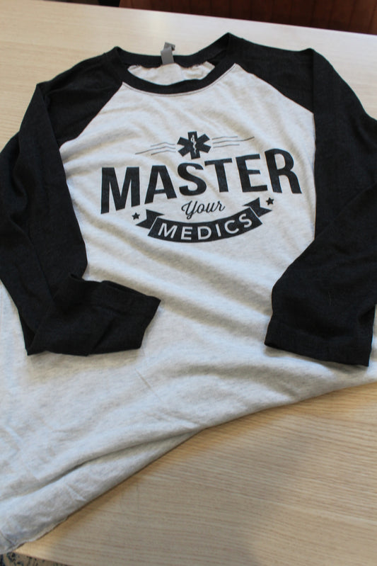 Black and White Master your Medics Baseball Tee